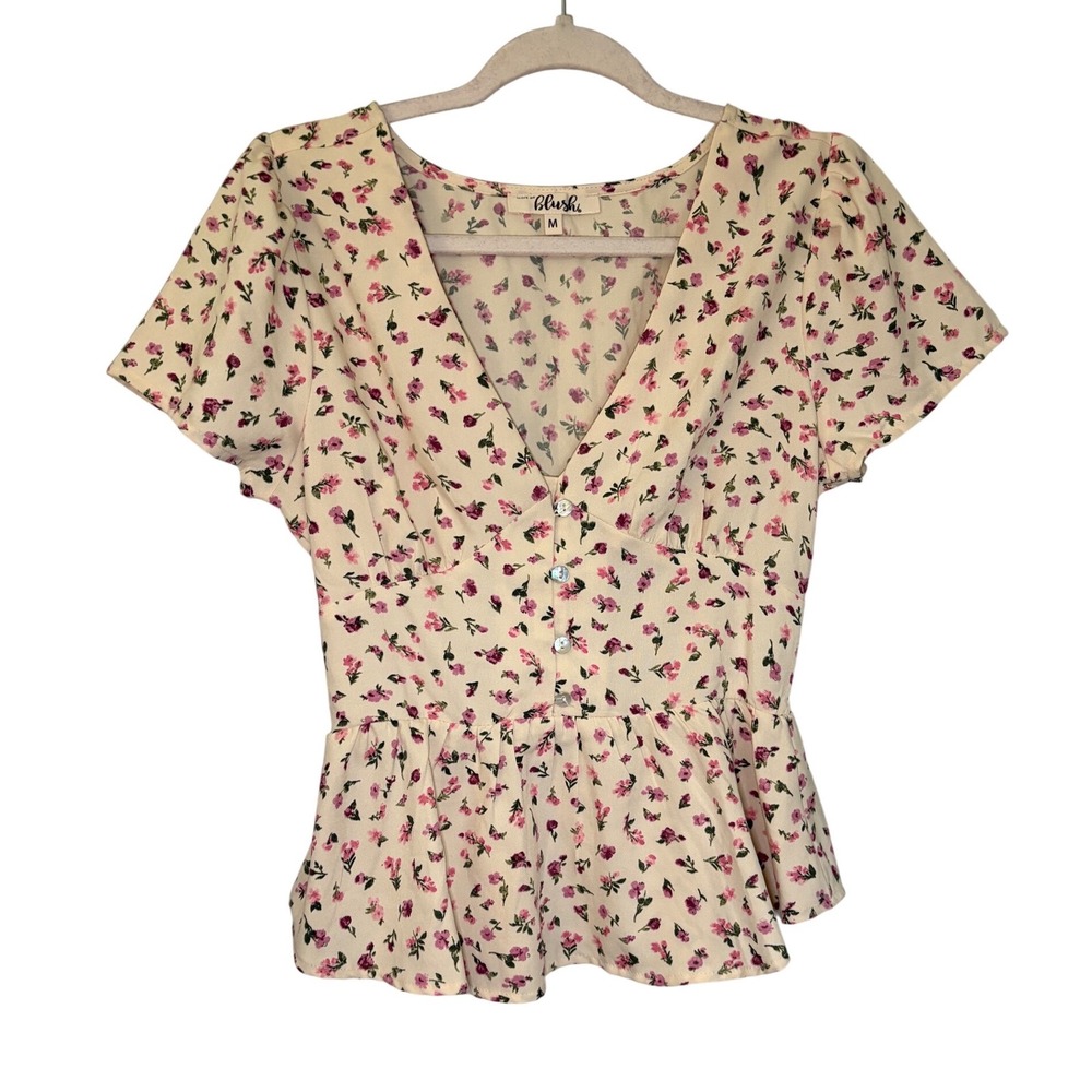 Hint of Blush Womens Floral Peplum Top Cream Pink V-Neck Smocked Back Size M - Picture 2 of 9